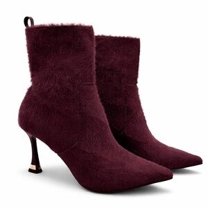 NWT Cosyisland LuxeFur Pointed Toe Stiletto Ankle Boots - Velvet Burgundy